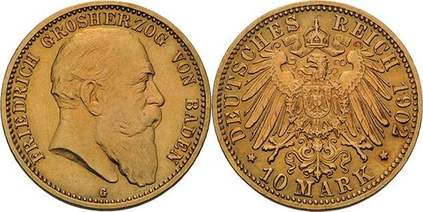 Baden
Friedrich I. 1856-1907 10 Mark 1902 G Jaeger 190 Seltener Jahrgang. Leich...