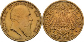 Baden
Friedrich I. 1856-1907 10 Mark 1902 G Jaeger 190 Seltener Jahrgang. Leicht bearbeitet, sehr schön