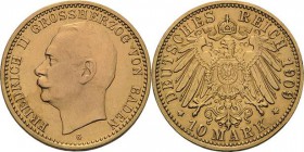 Baden
Friedrich II. 1907-1918 10 Mark 1909 G Jaeger 191 Leichte Fassungsspuren, leicht bearbeitet, sehr schön