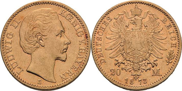 Bayern
Ludwig II. 1864-1886 20 Mark 1873 D Jaeger 194 Sehr schön+