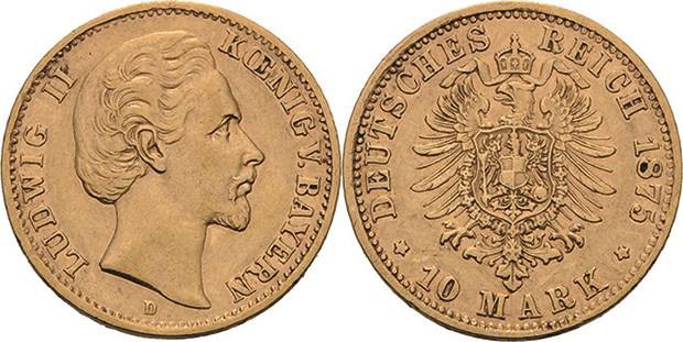 Bayern
Ludwig II. 1864-1886 10 Mark 1875 D Jaeger 196 Sehr schön