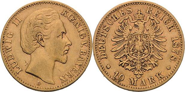 Bayern
Ludwig II. 1864-1886 10 Mark 1878 D Jaeger 196 Randfehler, sehr schön