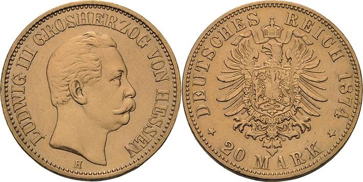Hessen
Ludwig III. 1848-1877 20 Mark 1874 H Jaeger 217 Felder bearbeitet, sehr ...