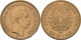 Hessen
Ludwig III. 1848-1877 20 Mark 1874 H Jaeger 217 Felder bearbeitet, sehr schön