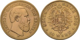 Hessen
Ludwig IV. 1877-1892 10 Mark 1878 H Jaeger 219 Leichte Fassungsspuren, Felder bearbeitet, sehr schön+