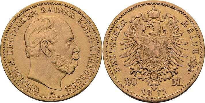 Preußen
Wilhelm I. 1861-1888 20 Mark 1871 A 1. Reichsgoldmünze Jaeger 243 Felde...