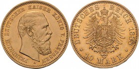 Preußen
Friedrich III. 1888 10 Mark 1888 A Jaeger 247 Kl. Randfehler, vorzüglich-Stempelglanz