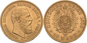 Preußen
Friedrich III. 1888 10 Mark 1888 A Jaeger 247 Min. Randprüfstelle, vorzüglich-Stempelglanz