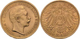 Preußen
Wilhelm II. 1888-1918 10 Mark 1910 A Jaeger 251 Kl. Randfehler, kl. Kratzer, vorzüglich-Stempelglanz