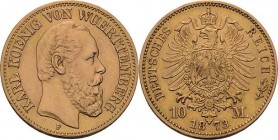 Württemberg
Karl 1864-1891 10 Mark 1873 F Jaeger 289 Bearbeitet, sehr schön