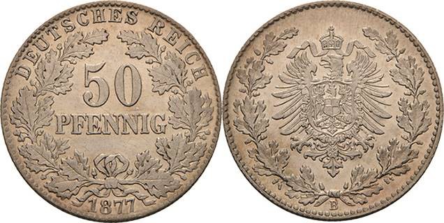 Kleinmünzen
 50 Pfennig 1877 B Jaeger 8 Vorzüglich-Stempelglanz