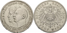 Anhalt
Friedrich II. 1904-1918 5 Mark 1914 A Silberhochzeit Jaeger 25 Leicht berieben, sehr schön-vorzüglich