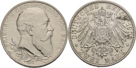 Baden
Friedrich I. 1856-1907 2 Mark 1902 (G) Regierungsjubiläum Jaeger 30 Kl. Randfehler, fast vorzüglich/vorzüglich-Stempelglanz