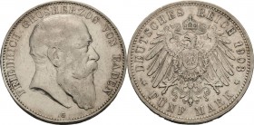 Baden
Friedrich I. 1856-1907 5 Mark 1903 G Jaeger 33 Randfehler, sehr schön/sehr schön+