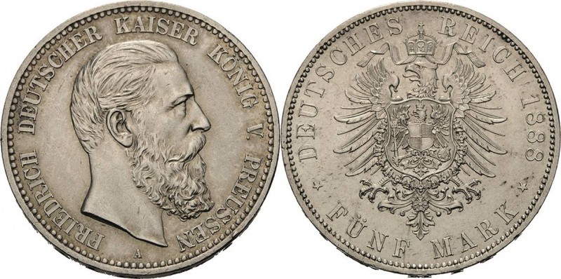 Preußen
Friedrich III. 1888 5 Mark 1888 A Jaeger 99 Kl. Randfehler, fast vorzüg...