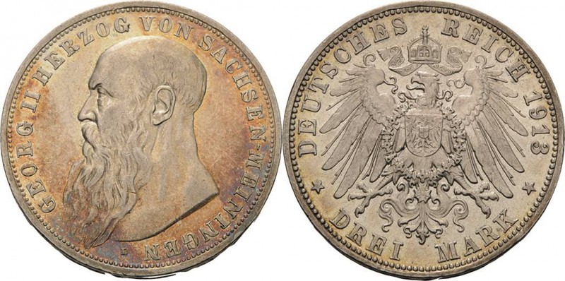 Sachsen-Meiningen
Georg II. 1866-1914 3 Mark 1913 D Jaeger 152 Sehr schön-vorzü...
