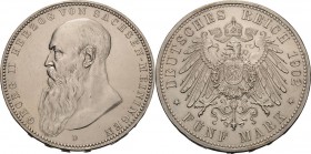 Sachsen-Meiningen
Georg II. 1866-1914 5 Mark 1902 D Langer Bart Jaeger 153 a Zaponiert, sehr schön-vorzüglich