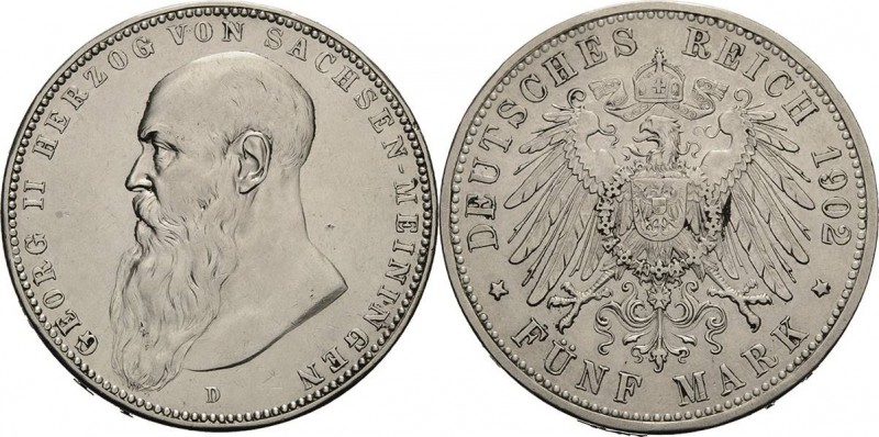 Sachsen-Meiningen
Georg II. 1866-1914 5 Mark 1902 D Langer Bart Jaeger 153 a Le...