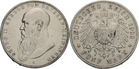 Sachsen-Meiningen
Georg II. 1866-1914 5 Mark 1902 D Langer Bart Jaeger 153 a Leicht berieben, sehr schön+