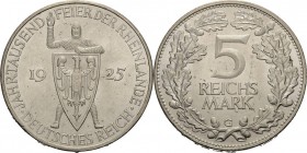 Gedenkausgaben
 5 Reichsmark 1925 G Rheinlande Jaeger 322 Kl. Kratzer, fast vorzüglich/vorzüglich-Stempelglanz