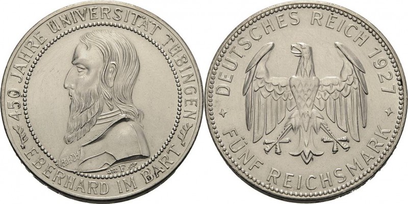 Gedenkausgaben
 5 Reichsmark 1927 F Tübingen Jaeger 329 Berieben, vorzüglich+