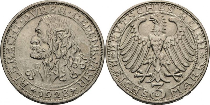 Gedenkausgaben
 3 Reichsmark 1928 D Dürer Jaeger 332 Kl. Kratzer, vorzüglich-pr...