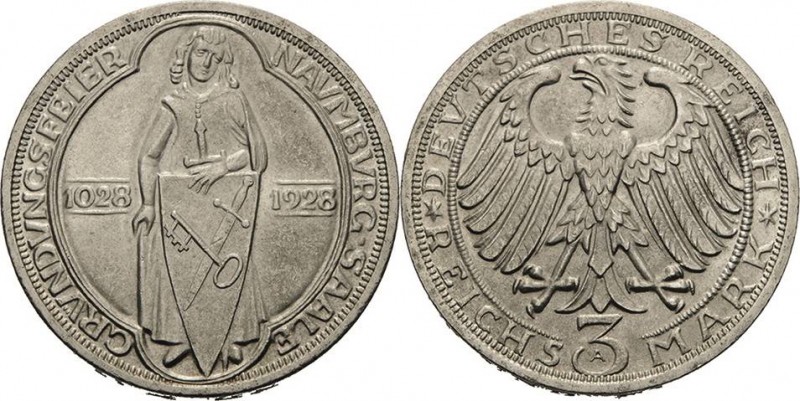 Gedenkausgaben
 3 Reichsmark 1928 A Naumburg Jaeger 333 Kl. Randfehler, fast pr...