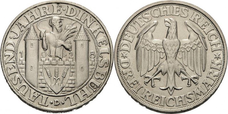 Gedenkausgaben
 3 Reichsmark 1928 D Dinkelsbühl Jaeger 334 Vorzüglich-Stempelgl...