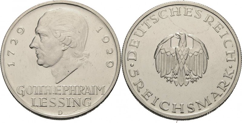 Gedenkausgaben
 5 Reichsmark 1929 D Lessing Jaeger 336 Vom polierten Stempel. A...