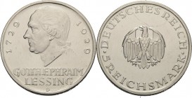 Gedenkausgaben
 5 Reichsmark 1929 D Lessing Jaeger 336 Vom polierten Stempel. Avers Kratzer, vorzüglich-Stempelglanz
