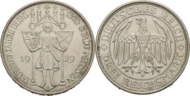 Gedenkausgaben
 3 Reichsmark 1929 E Meißen Jaeger 338 Kl. Kratzer, fast vorzüglich/vorzüglich-Stempelglanz