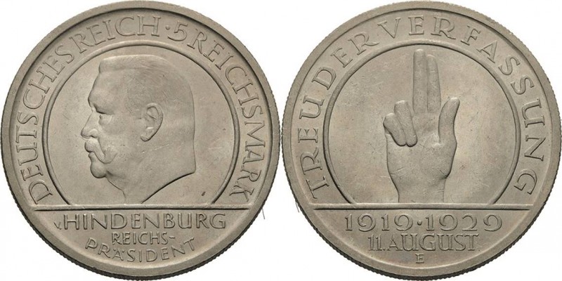 Gedenkausgaben
 5 Reichsmark 1929 E Verfassung Jaeger 341 Kl. Kratzer, vorzügli...