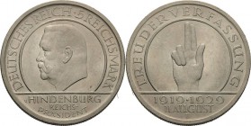 Gedenkausgaben
 5 Reichsmark 1929 E Verfassung Jaeger 341 Kl. Kratzer, vorzüglich-Stempelglanz