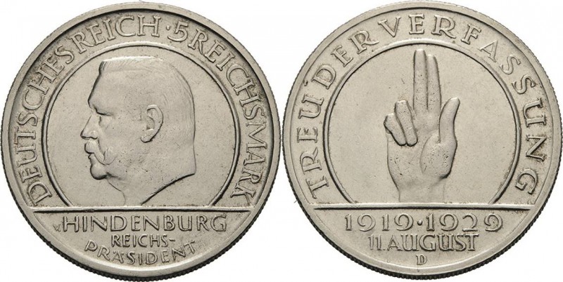 Gedenkausgaben
 5 Reichsmark 1929 D Verfassung Jaeger 341 Sehr schön-vorzüglich...