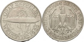 Gedenkausgaben
 3 Reichsmark 1930 E Zeppelin Jaeger 342 Kl. Kratzer, vorzüglich