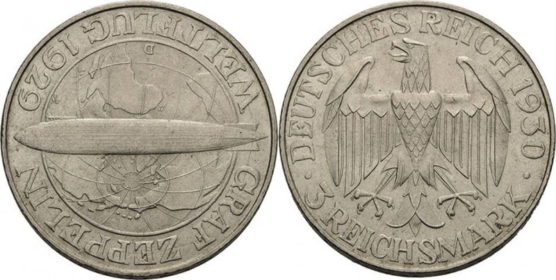 Gedenkausgaben
 3 Reichsmark 1930 D Zeppelin Jaeger 342 Vorzüglich-Stempelglanz...