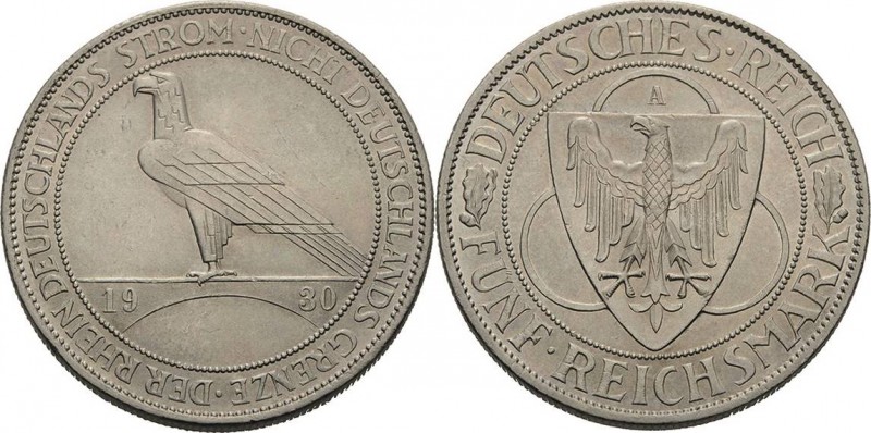 Gedenkausgaben
 5 Reichsmark 1930 A Rheinlandräumung Jaeger 346 Kl. Kratzer, vo...