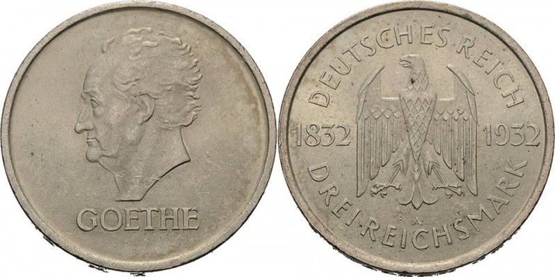 Gedenkausgaben
 3 Reichsmark 1932 A Goethe Jaeger 350 Kl. Randfehler, fast vorz...