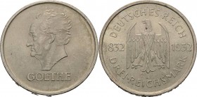 Gedenkausgaben
 3 Reichsmark 1932 A Goethe Jaeger 350 Kl. Randfehler, fast vorzüglich/vorzüglich-Stempelglanz