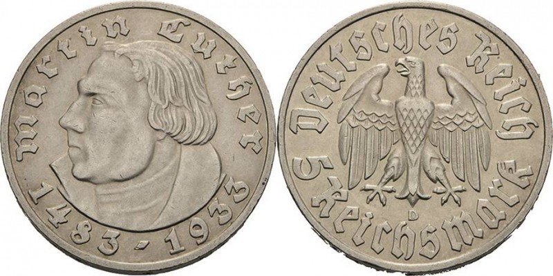 Gedenkausgaben
 5 Reichsmark 1933 D Luther Jaeger 353 Fast vorzüglich