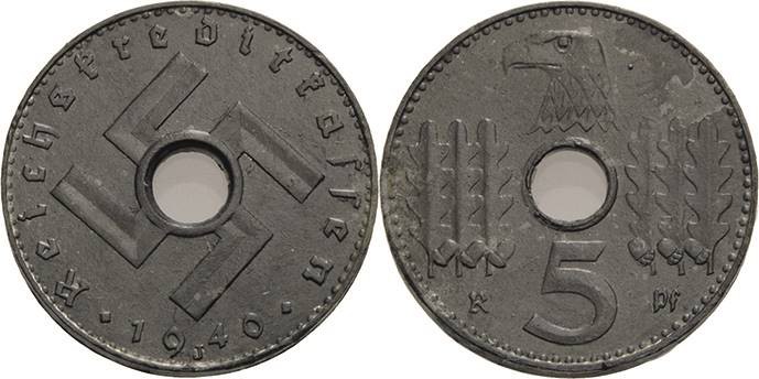 Münzen der Reichskreditkassen
 5 Reichspfennig 1940 J Jaeger 618 Zaponiert, vor...