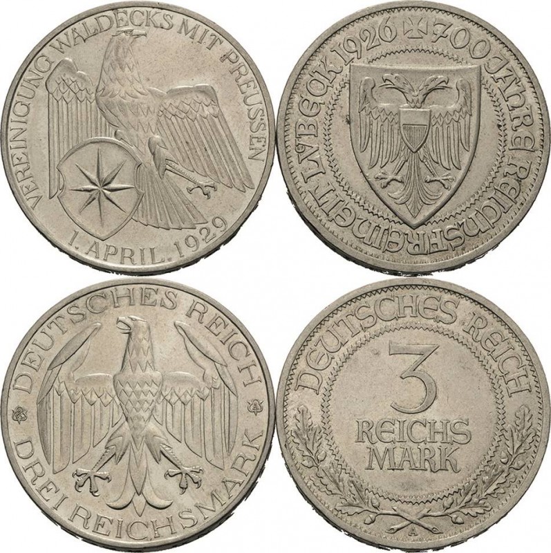 Weimarer Republik
Lot-2 Stück 3 Reichsmark 1926 Lübeck und 1929 Waldeck Jaeger ...