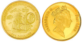 Ausländische Goldmünzen und -medaillen

Fidschi Inseln

Elisabeth II., 1952-2022

100 Dollars 1993 James Cook/Segelschiff Resolution. 7,5 g. 917...
