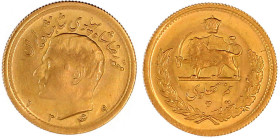 Ausländische Goldmünzen und -medaillen

Iran

Mohammed Reza Pahlavi, 1941-1979

1/2 Pahlavi SH 1349 = 1979. 4,07 g. 900/1000. Stempelglanz. Krau...