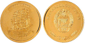 Ausländische Goldmünzen und -medaillen

Korea-Nord

10 Won 2008. Segelschiff Passat. 1 g. 916/1000. In Kapsel. Polierte Platte, teils kl. rote Fle...