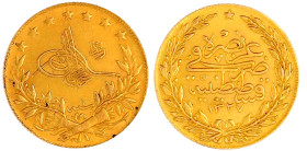 Ausländische Goldmünzen und -medaillen

Türkei/Osmanisches Reich

Muhammad V., 1909-1918 (AH 1327-1336)

100 Quirsh AH 1327, Jahr 1 = 1909, Qust...