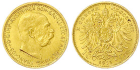 Gold der Habsburger Erblande und Österreichs

Haus Habsburg

Franz Joseph I., 1848-1916

10 Kronen 1912. Offizielle Neuprägung. 3,39 g. 900/1000...