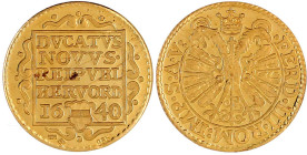 Altdeutsche Goldmünzen und -medaillen

Herford, Stadt

Nachprägung eines Dukaten 1640 (1972) in 3,32 g. 986/1000. Polierte Platte