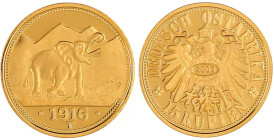 Gold der deutschen Kolonien u. Nebengebiete

Deutsch-Ostafrika

Neuprägung zum 15 Rupien-Stück 1916 T, Elefant (2003). 3,52 g. 585/1000. Polierte ...