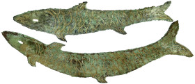 CHINA und Südostasien

China

Chou-Dynastie 1122-255 v. Chr.

2 X Bronze-Fischgeld (sogen. "Yü Pi") ca. 1045/221 v.Chr. Detaillierte Schuppen, l...